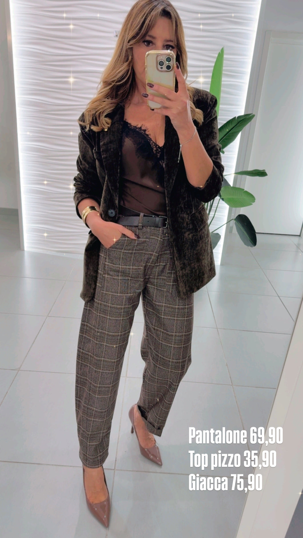 Pantalone check vita alta con  cintura